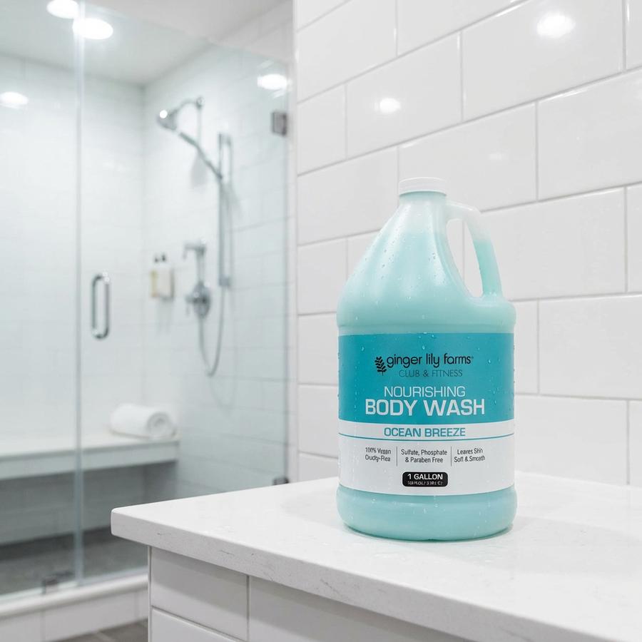 Ocean Breeze Body Wash in a clean gym locker room shower
