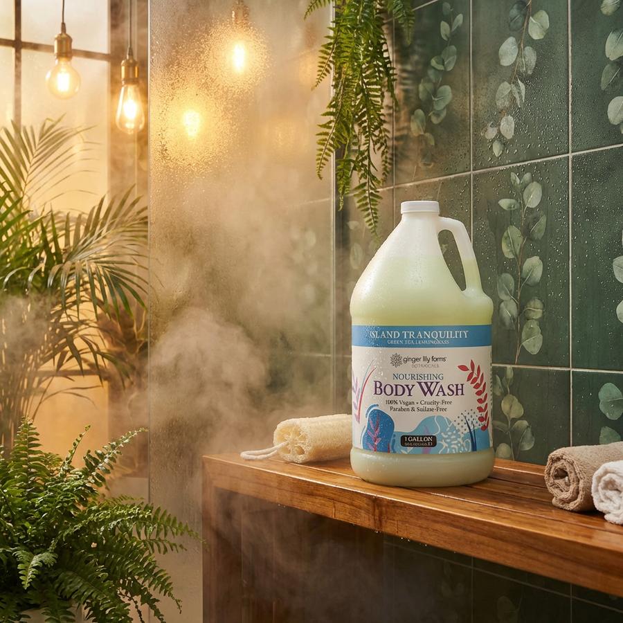 Island Tranquility Body Wash in a modern spa shower