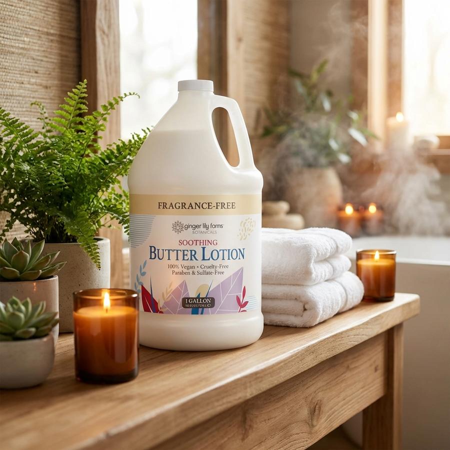 Soothing Butter Lotion on a spa vanity next to towels