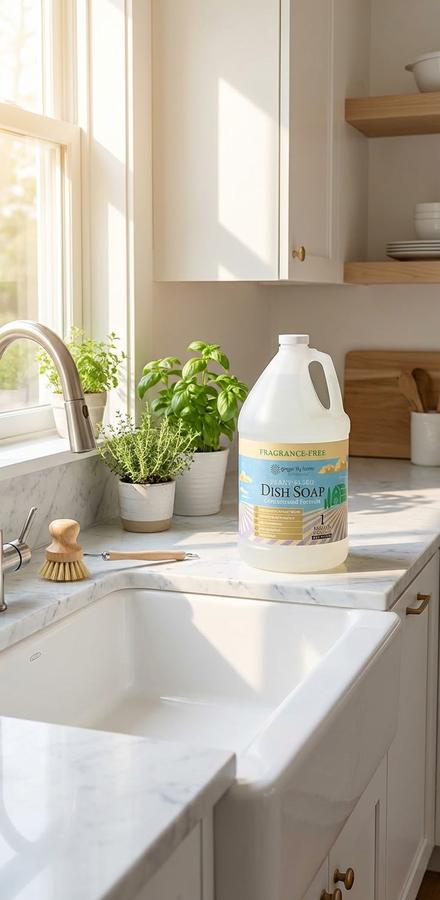 Plant-Based Dish Soap at a bright kitchen sink
