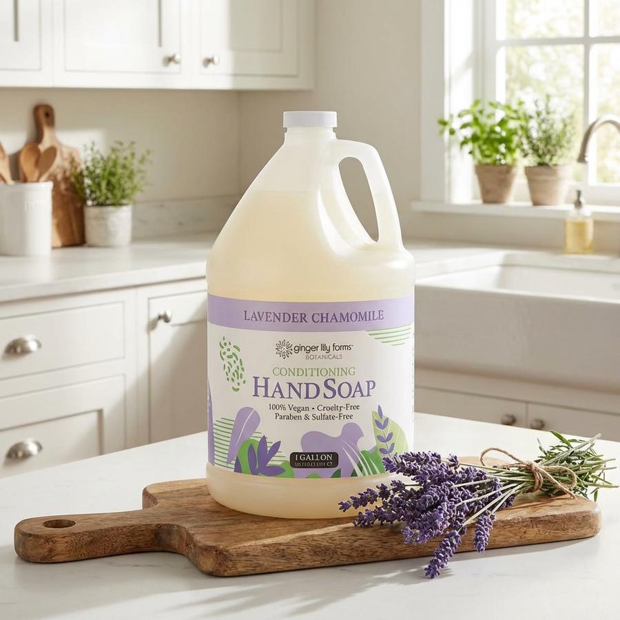 Lavender Chamomile Hand Soap on a kitchen counter with herbs